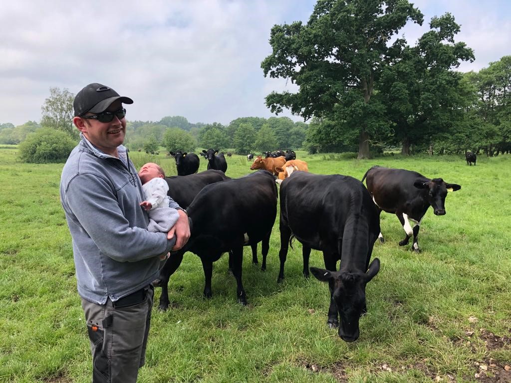 a man holding a baby in front of a herd of cows